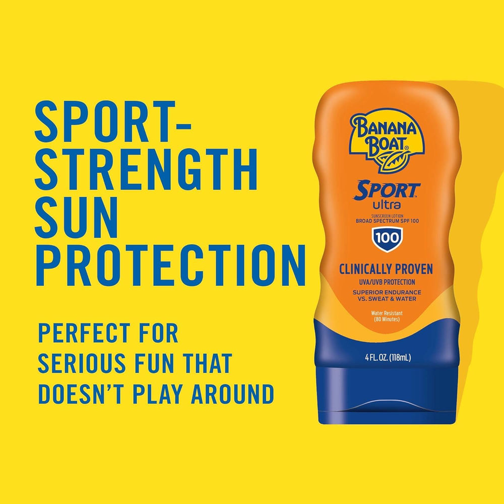 Banana Boat SPF 100 lotion on outdoor gear ready for sports and adventures.