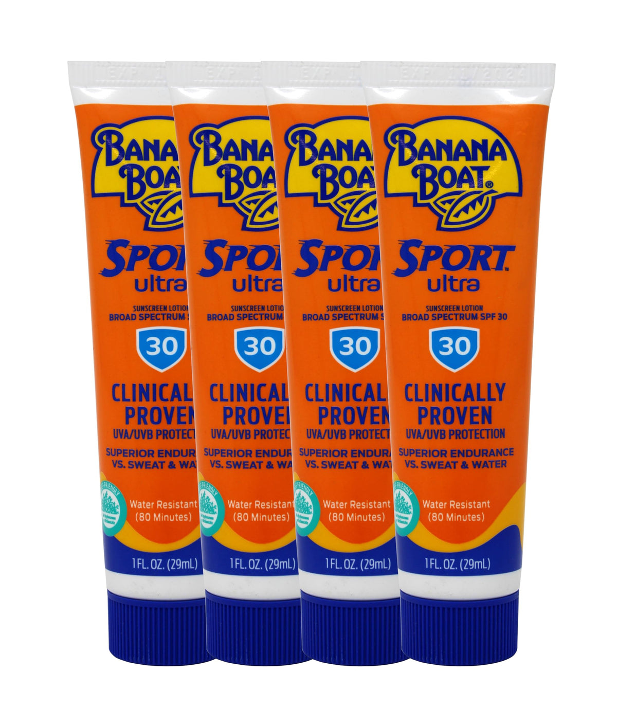 Banana Boat Sport SPF 30, pack 4 bouteilles de 29 g, protection pratique.