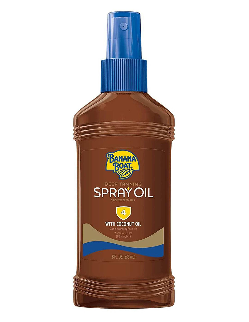 Close-up of Banana Boat spray bottle showing coconut oil formula.
