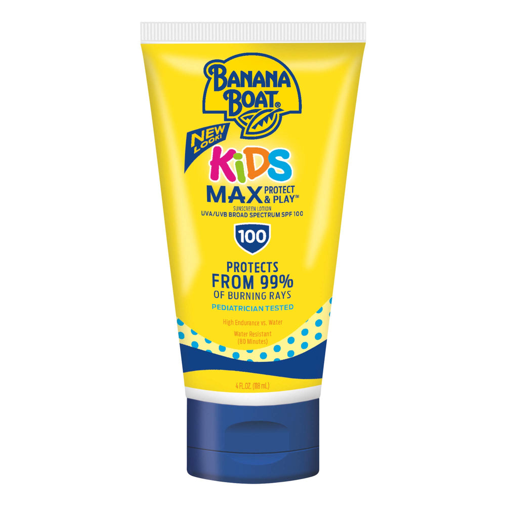 Banana Boat Kids SPF100 - Bouteille de crème solaire visible, protection élevée