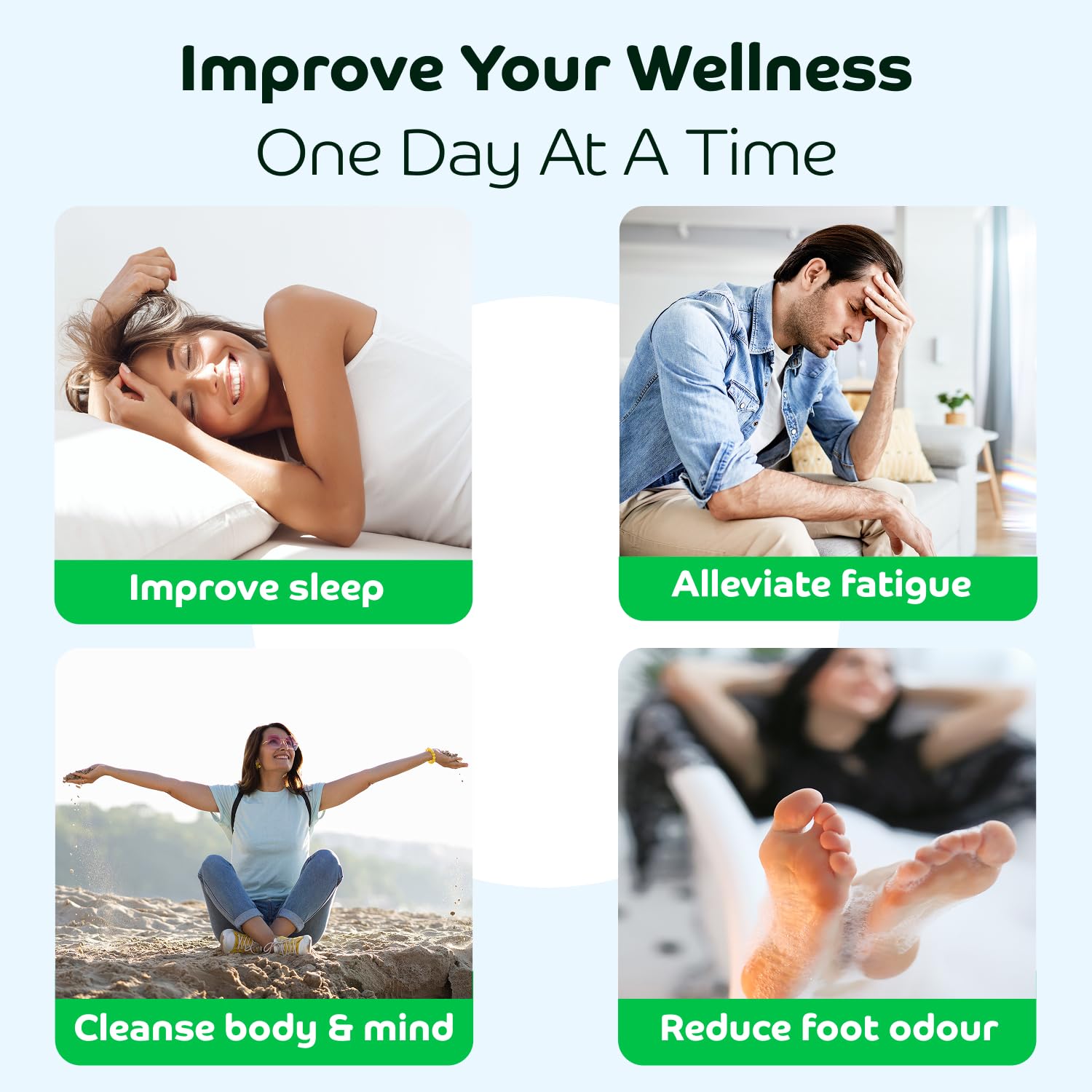 Coussinets Bandoo posés sur pieds propres, routine bien-être nocturne.