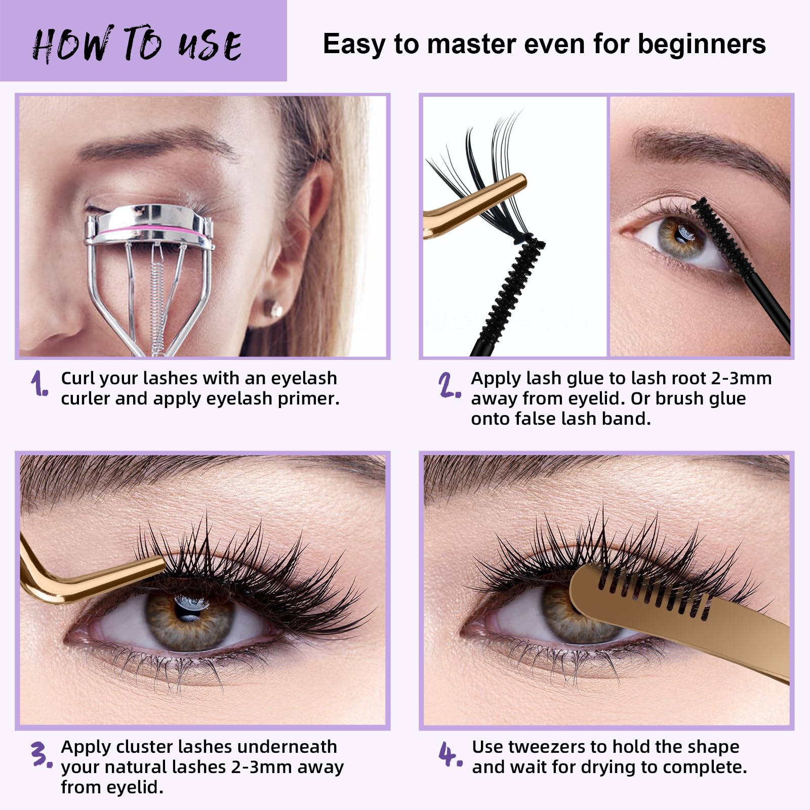 B&Qaugen compatibilite-cils-differents: convient aux grappes, faux cils et bandes.