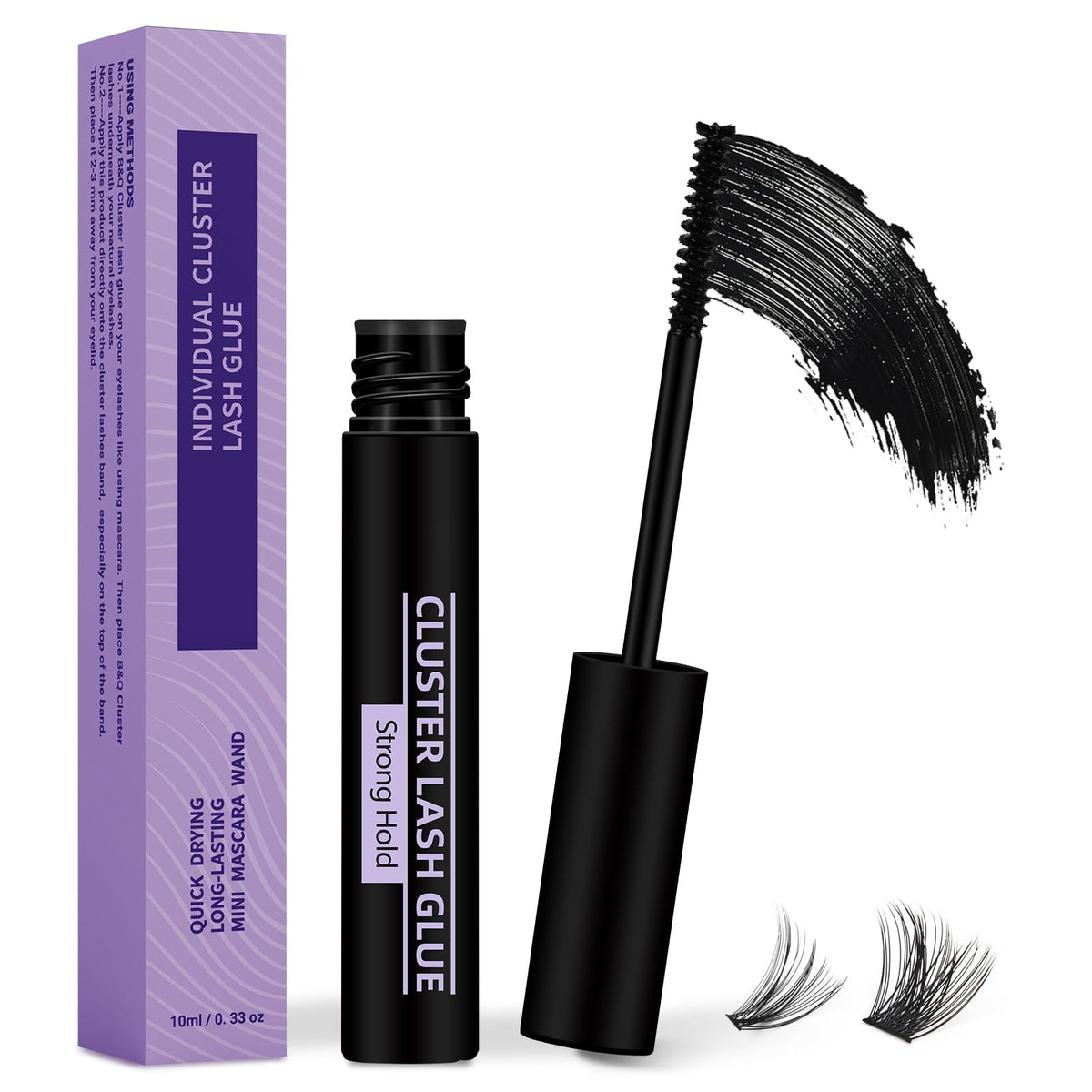B&Qaugen flacon-lash-cluster-glue: adhérence durable et résistance à l'eau.