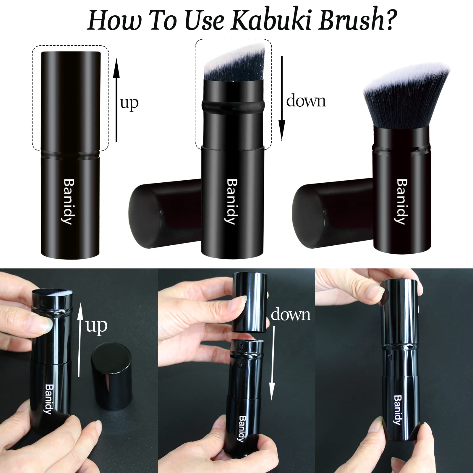 Pinceau Banidy Kabuki tube aluminium rétractable, design léger et durable.