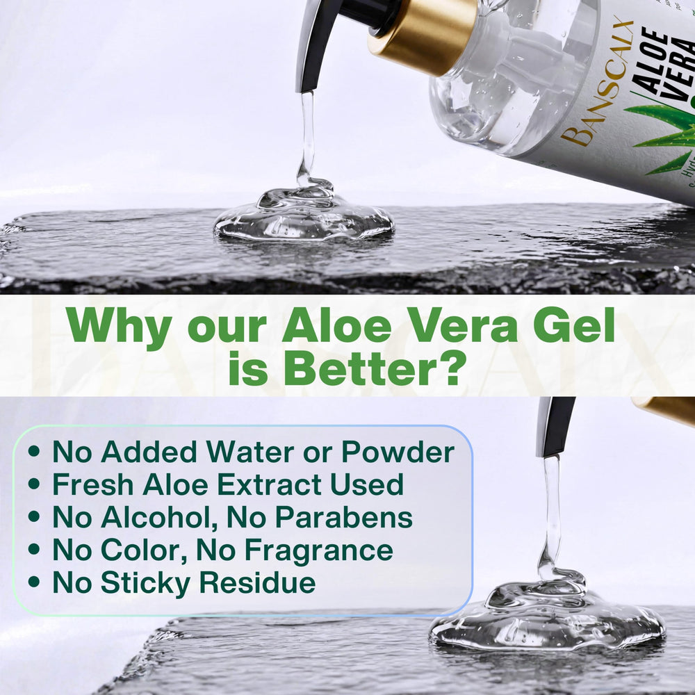 BANSCALX Gel Aloe Vera sur cheveux et cuir chevelu pour hydratation naturelle.