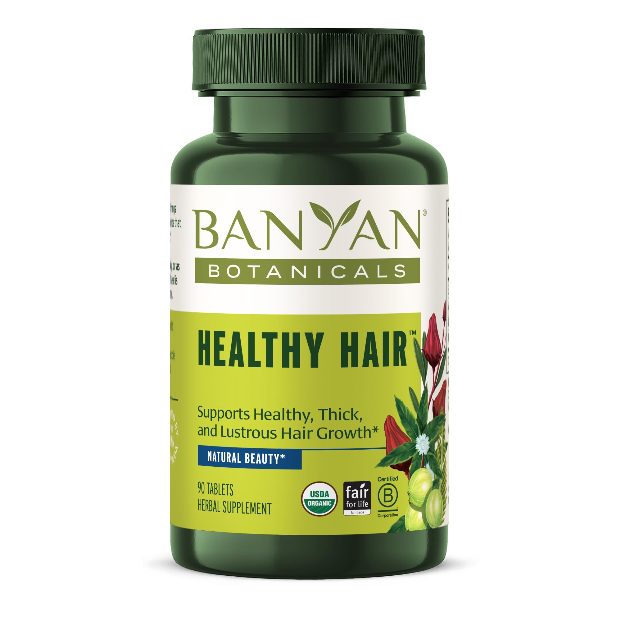 Gélules cheveux sains Banyan Botanicals sur emballage pour routine capillaire naturelle.