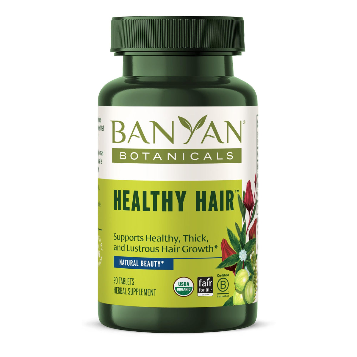 Gélules cheveux sains Banyan Botanicals sur emballage pour routine capillaire naturelle.