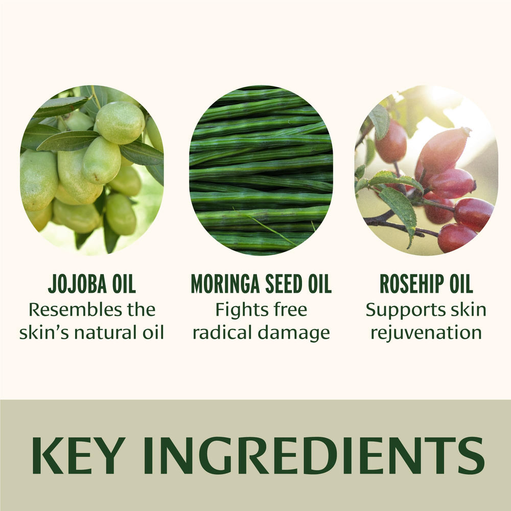 Banyan Botanicals Face Oil, ingrédients botaniques riches en moringa et rosehip pour l’éclat.