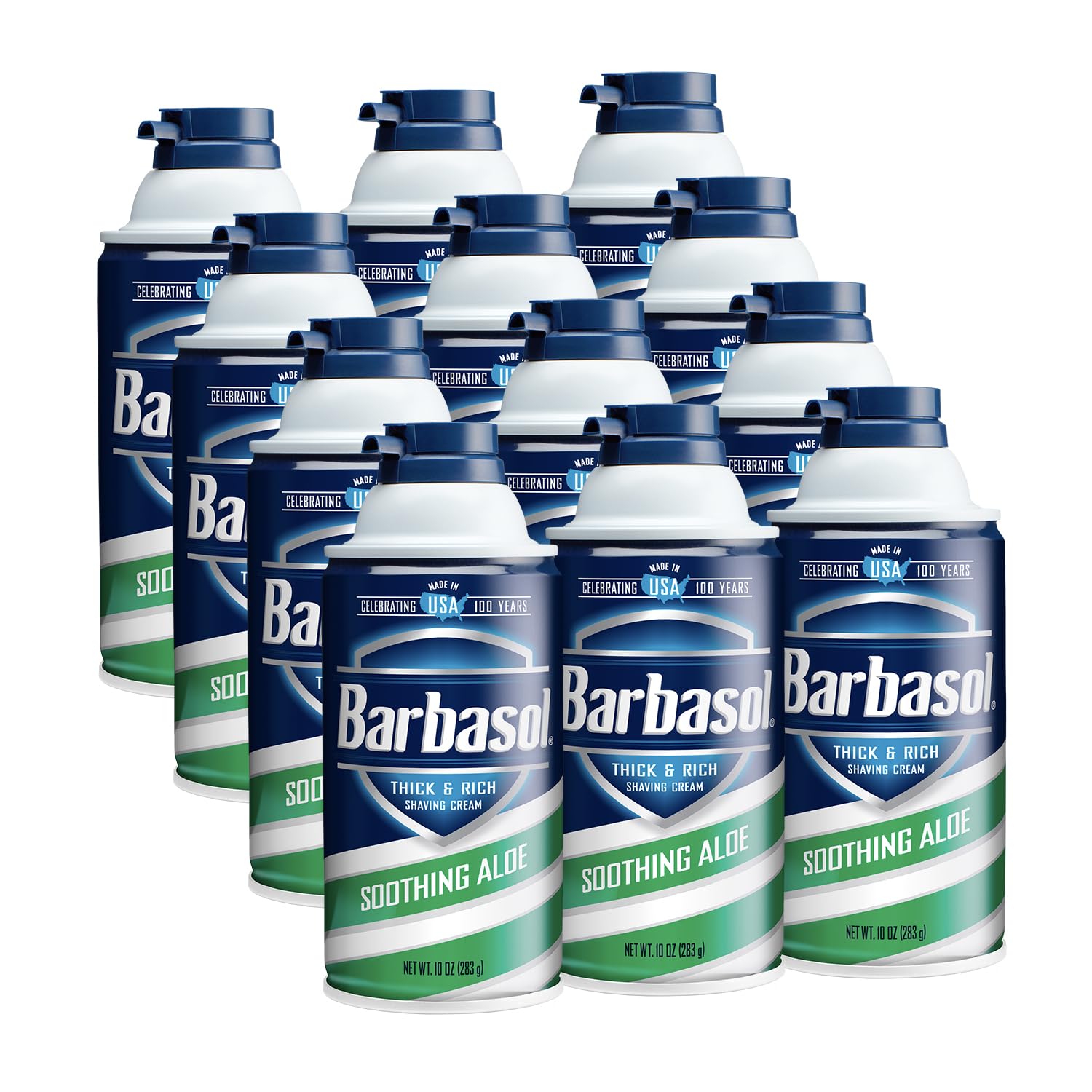 Barbasol Crème à raser Aloe épaisse et riche, vue frontale, pour peau douce.