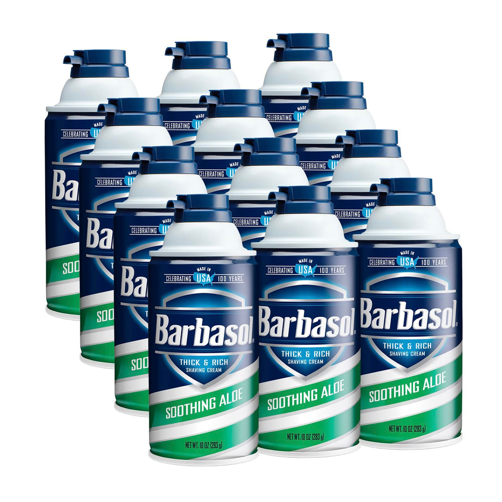 Barbasol Crème à raser Aloe épaisse et riche, vue frontale, pour peau douce.