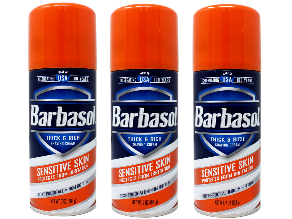 Barbasol crème rasage peau sensible, bouteille, offre un rasage doux sans irritation.