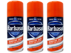 Barbasol crème rasage peau sensible, bouteille, offre un rasage doux sans irritation.