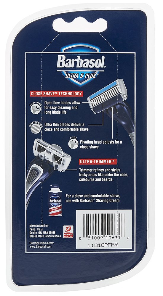 Barbasol Ultra 6 Plus rasoir, tête pivotante pour un contact confortable.