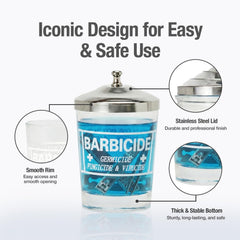 Barbicide panier-filtre inox, immersion propre sans toucher le désinfectant.