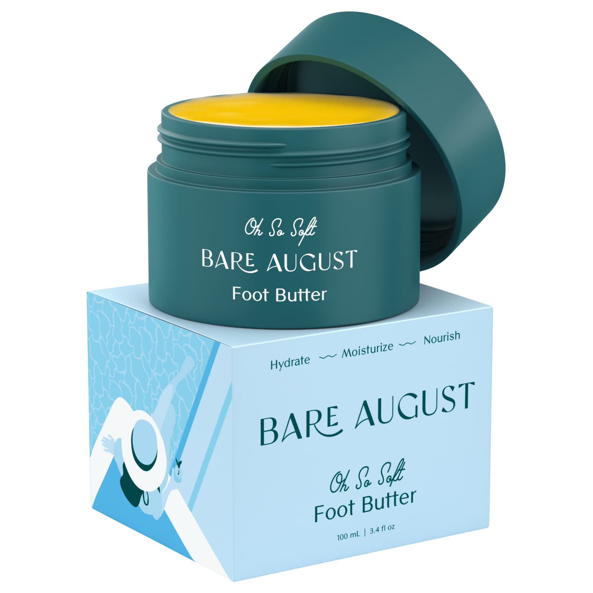 Bare August foot cream bottle promoting soothing hydration for dry feet