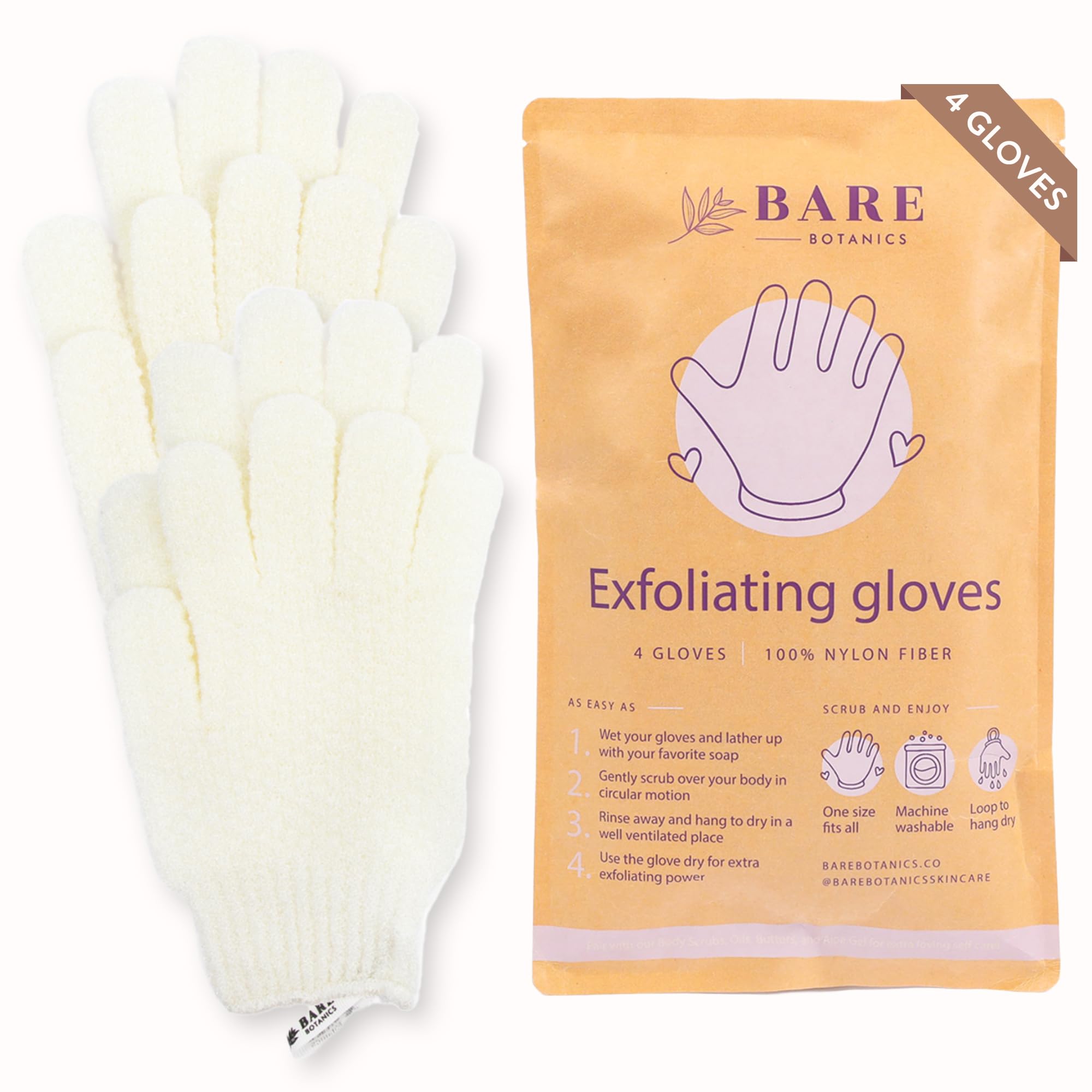 Bare Botanics gants exfoliants en nylon pour douche, exfoliation en profondeur.
