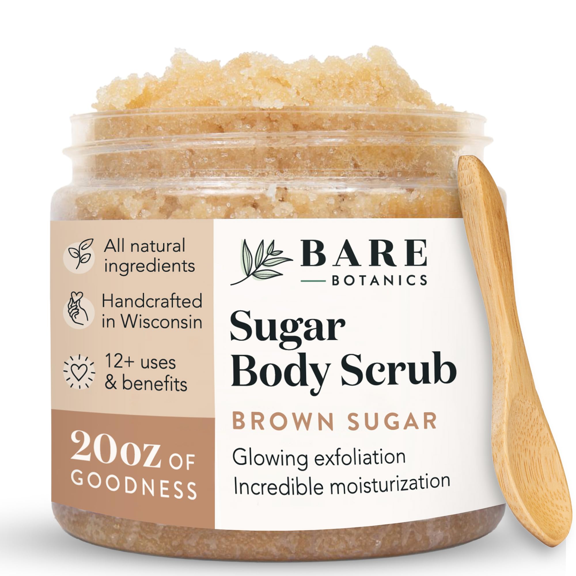 Bare Botanics gommage corps sucre brun coco vanille pour peau douce et lumineuse.