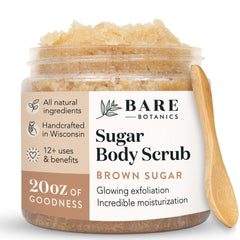 Bare Botanics gommage corps sucre brun coco vanille pour peau douce et lumineuse.