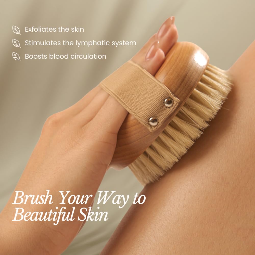 Brosse Bare Botanics, poils naturels moyens, pour exfolier en douceur et stimuler la peau.
