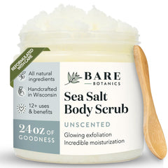 Bare Botanics gommage corporel non parfumé en pot, exfoliant doux pour la peau.