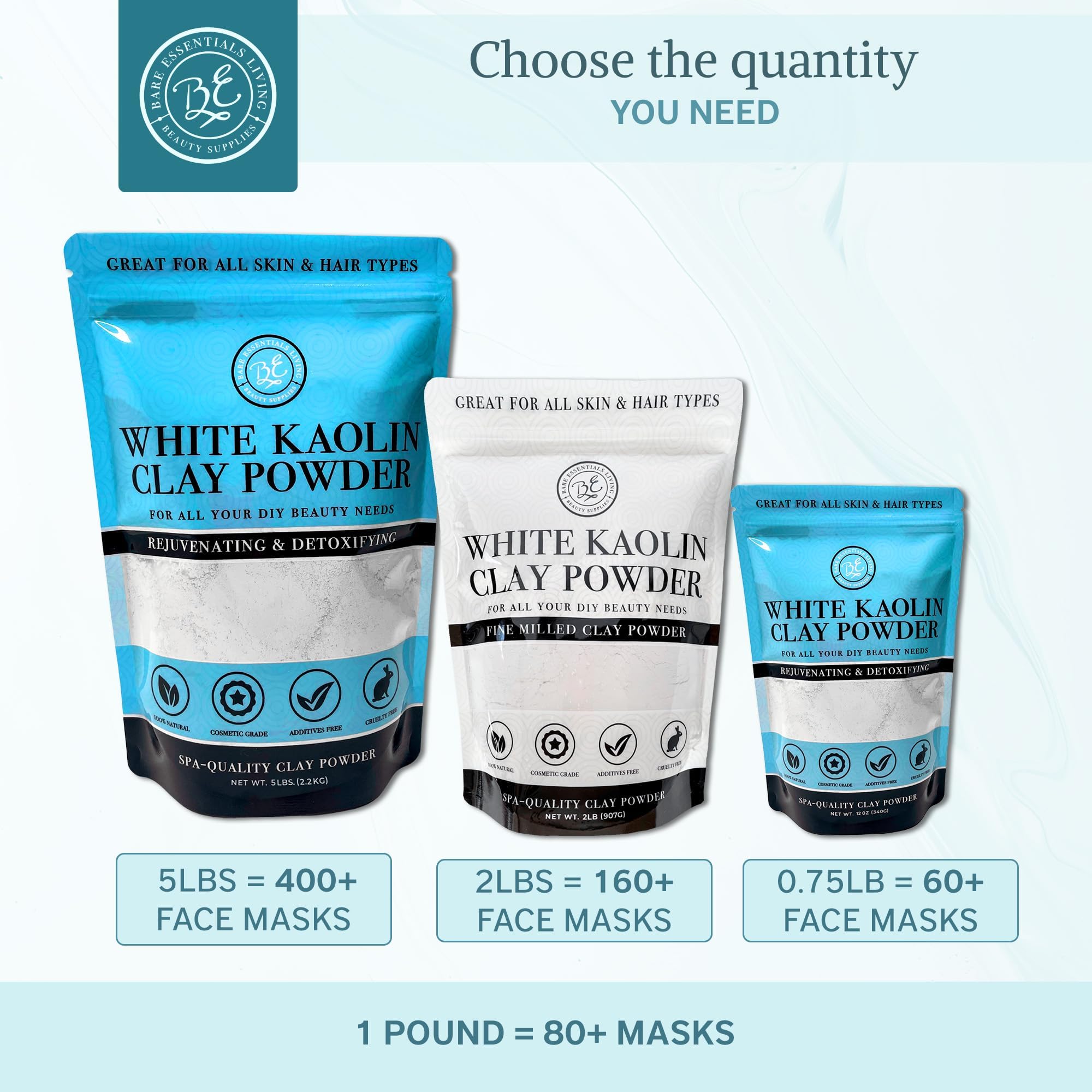 Bare Essentials Living poudre cosmétique kaolin polyvalente pour soins peau.