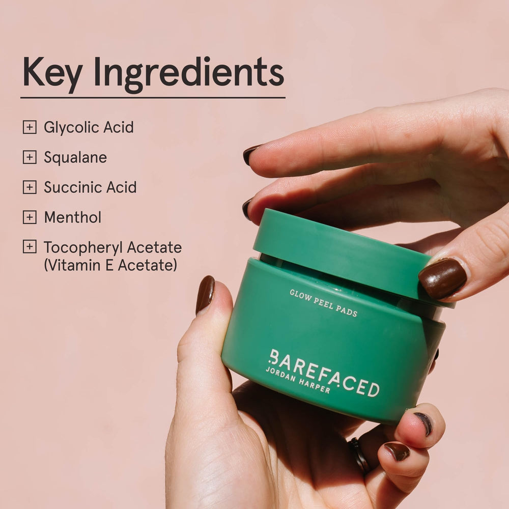 Barefaced Glow Peel Pads, acide glycolique favorisant le renouvellement en douceur.