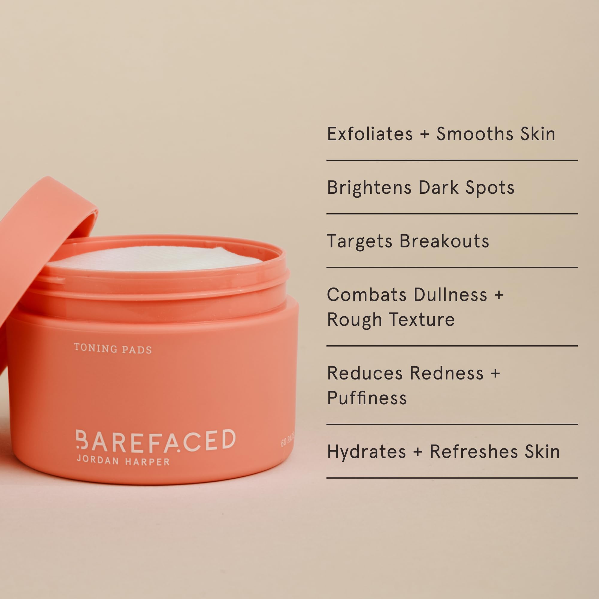 Barefaced Toning Pads pot-disques montrant le contenant et les disques exfoliants