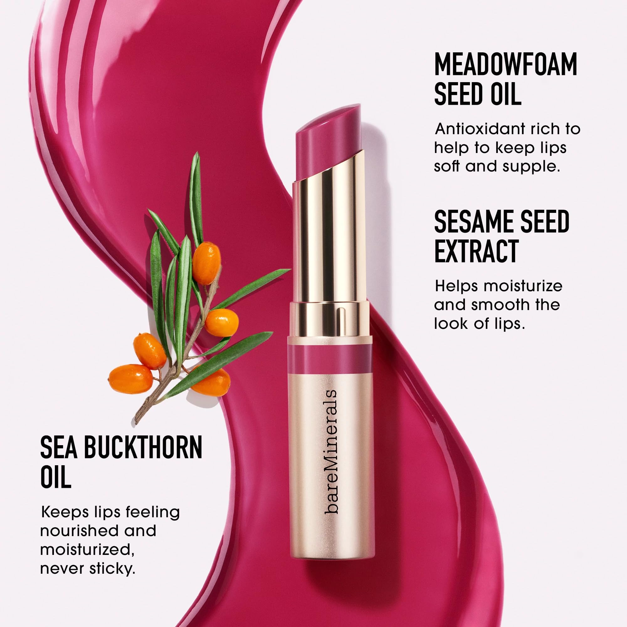 Ingrédients clefs dont huile d argousier et huile de meadowfoam dans le Dewy Lip Gloss-Balm.