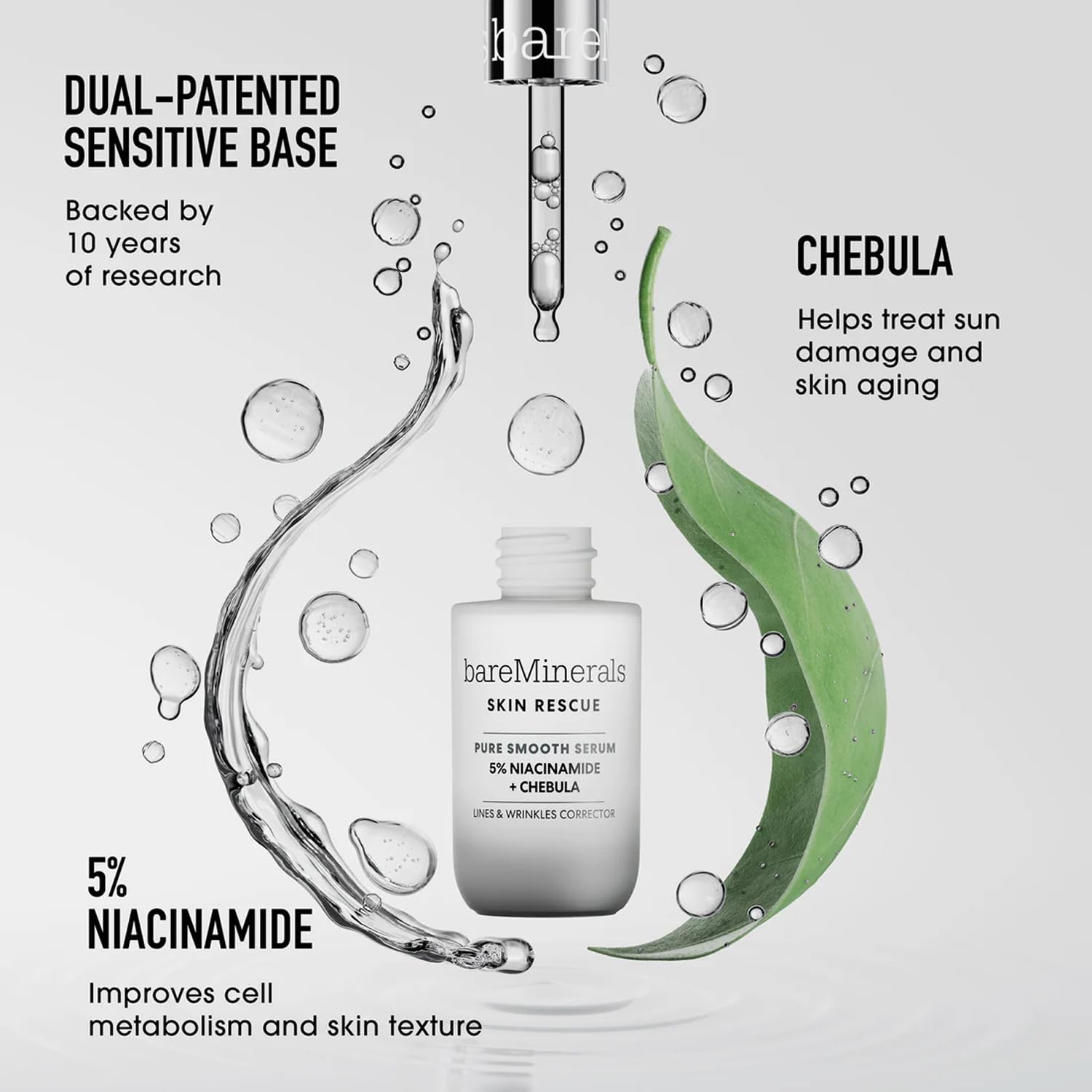 BareMinerals Niacinamide Chebula Sérum – formule concentrée pour texture améliorée et confort cutané.
