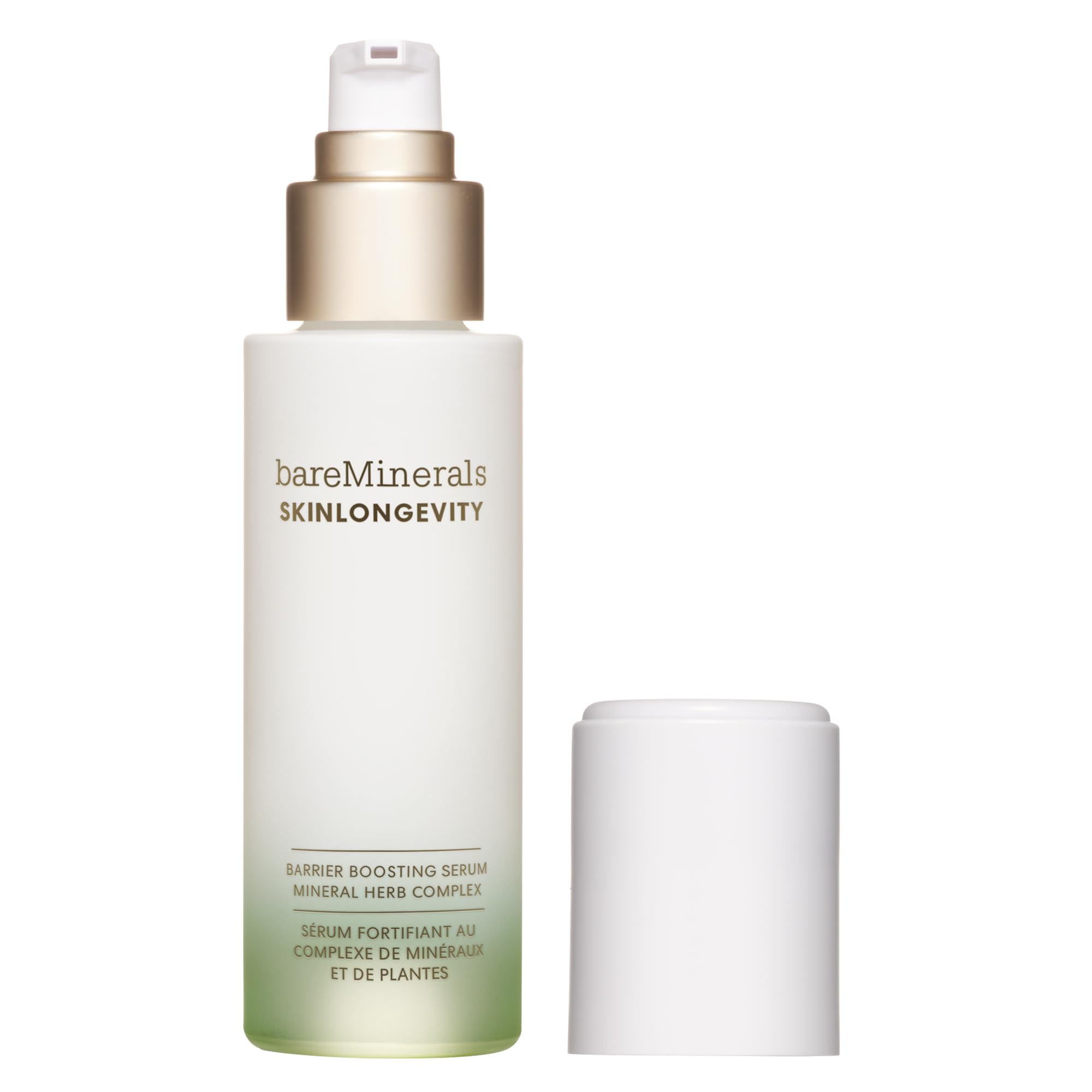 Sérum bareMinerals Skinlongevity, bouteille élégante, potentiel soutien à l'hydratation et à la barrière cutanée.