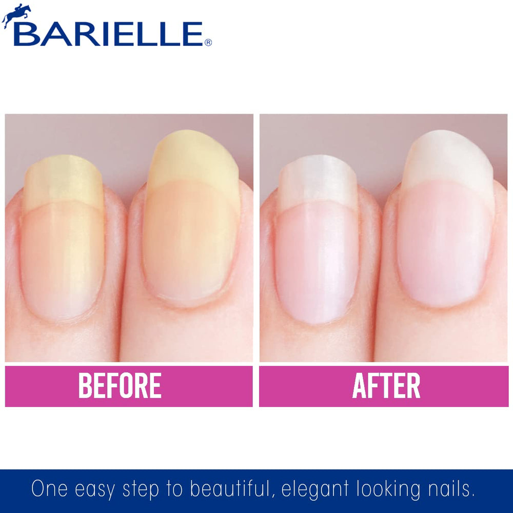 Barielle Nail Whitener – avant-après; ongles visiblement plus lumineux.