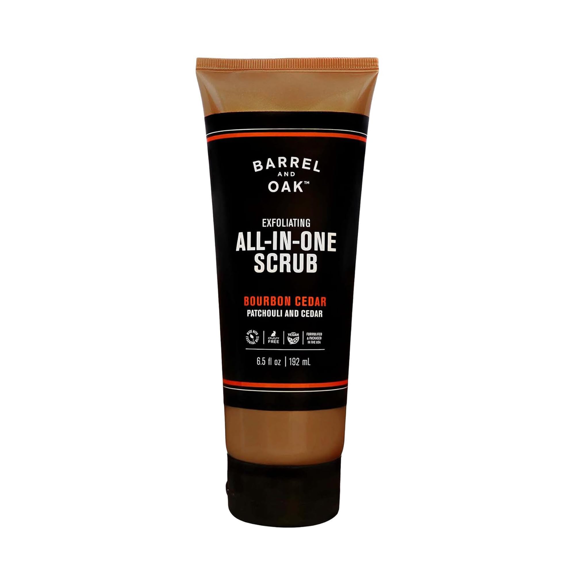 Barrel & Oak exfoliating scrub bottle closeup for refreshed skin and shave prep
