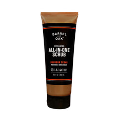 Barrel & Oak exfoliating scrub bottle closeup for refreshed skin and shave prep