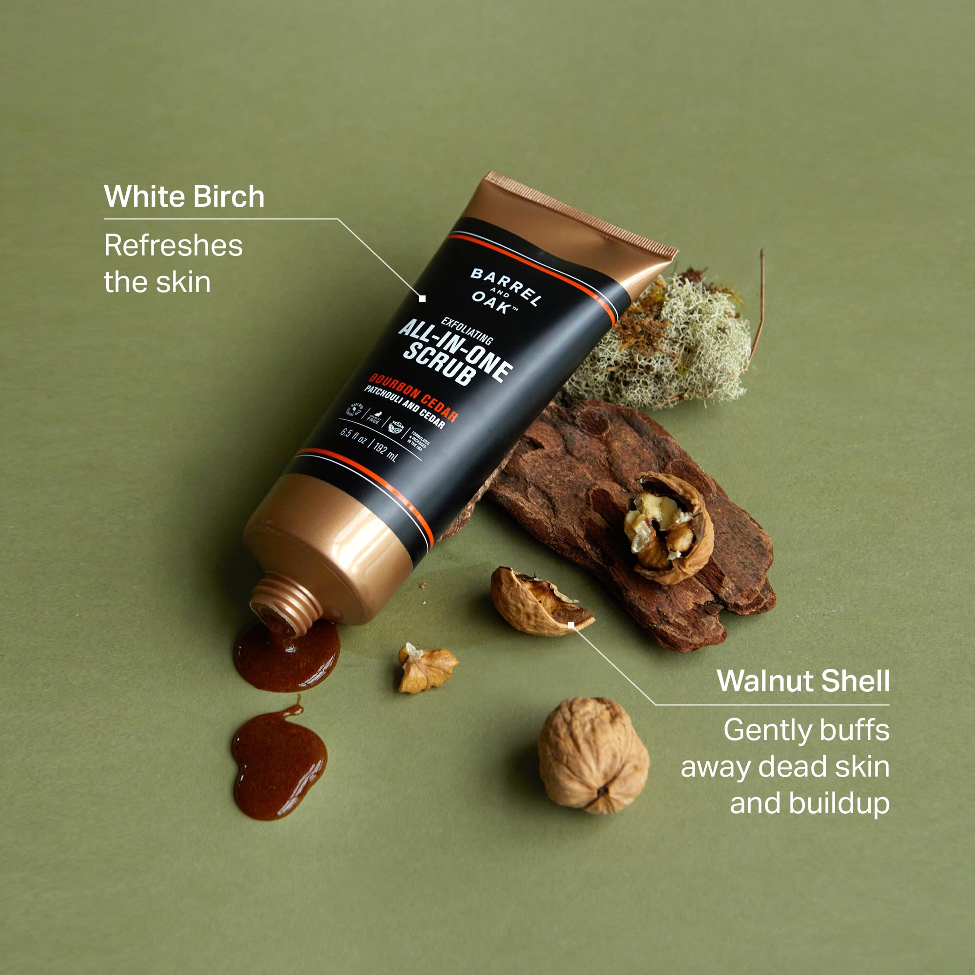 Barrel & Oak white birch extract visible in creamy scrub