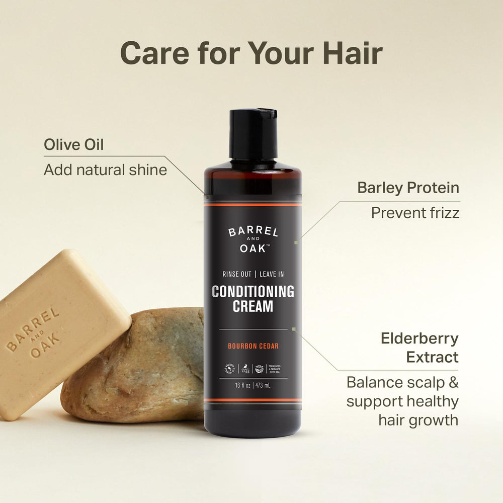 Barrel et Oak - Ingrédients olive-orge-sureau pour nourrir et revitaliser les cheveux.