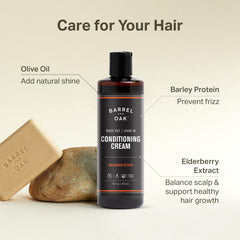 Barrel et Oak - Ingrédients olive-orge-sureau pour nourrir et revitaliser les cheveux.