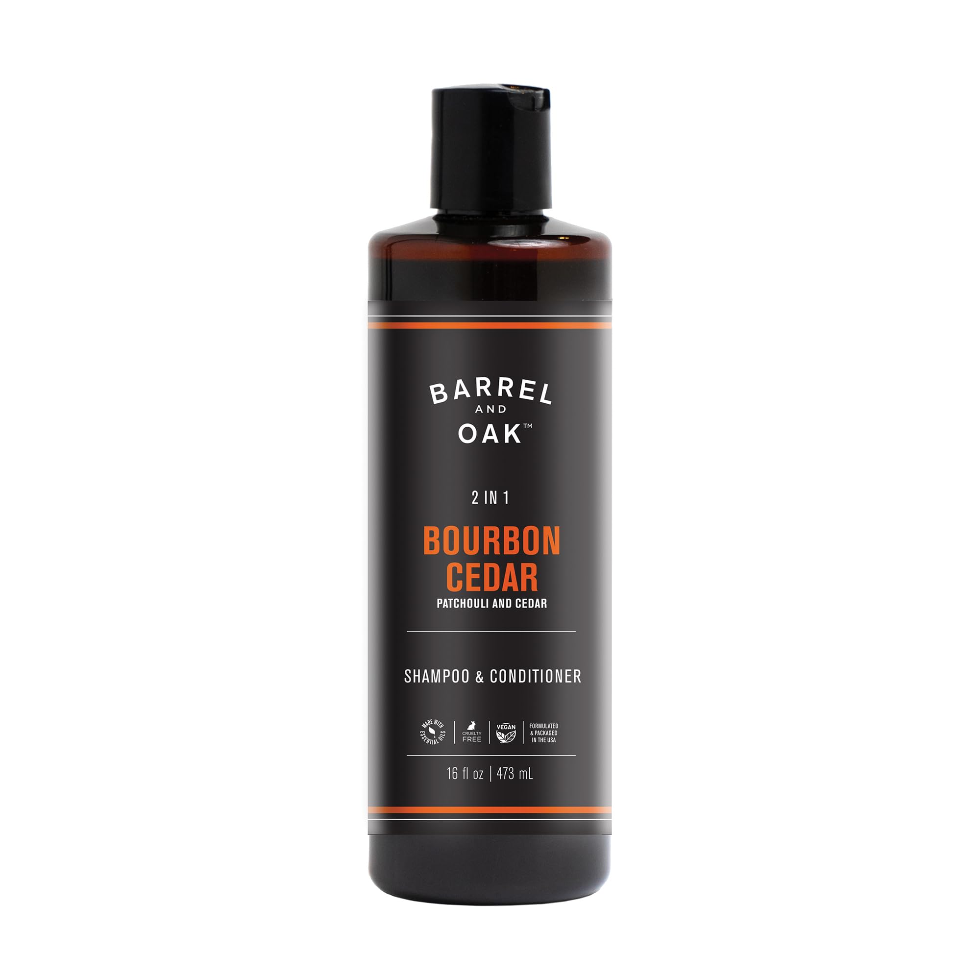 Barrel & Oak 2in1 shampoo and conditioner bottle highlights bourbon cedar scent and all-in-one cleansing.