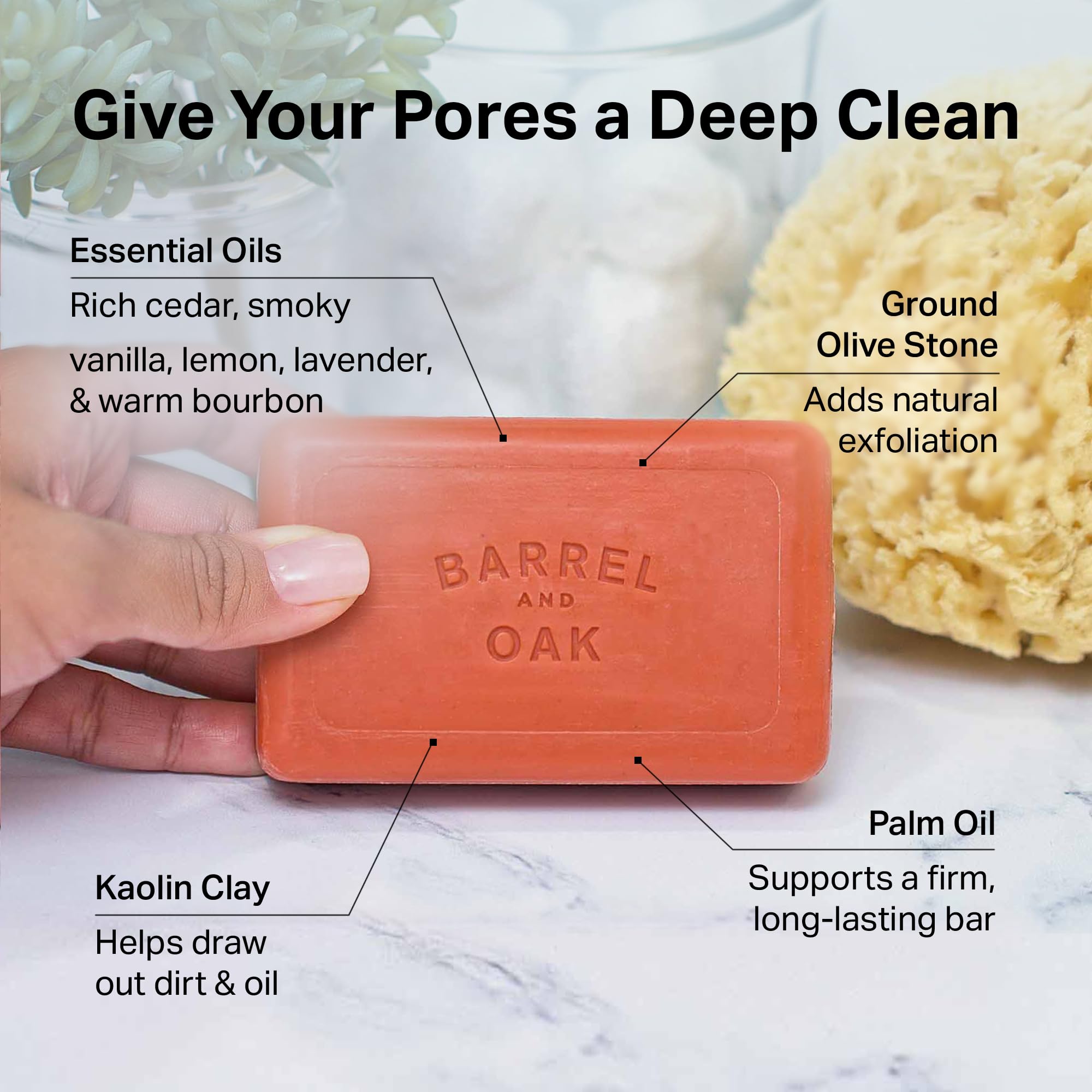 Barrel & Oak exfoliant kaolin argile purifie sans dessécher la peau.
