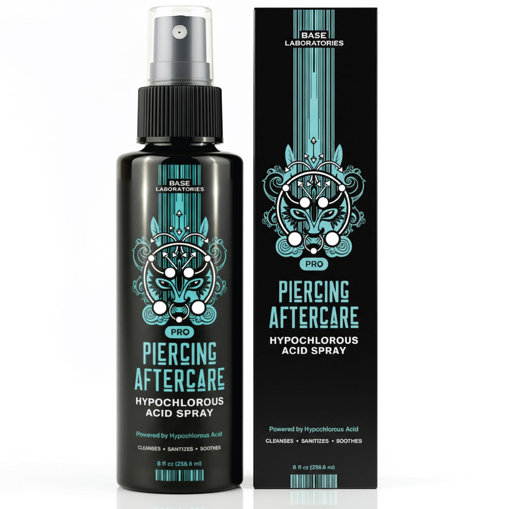 BASE LABORATORIES solution saline HOCl, soin polyvalent pour piercings et petites plaies.
