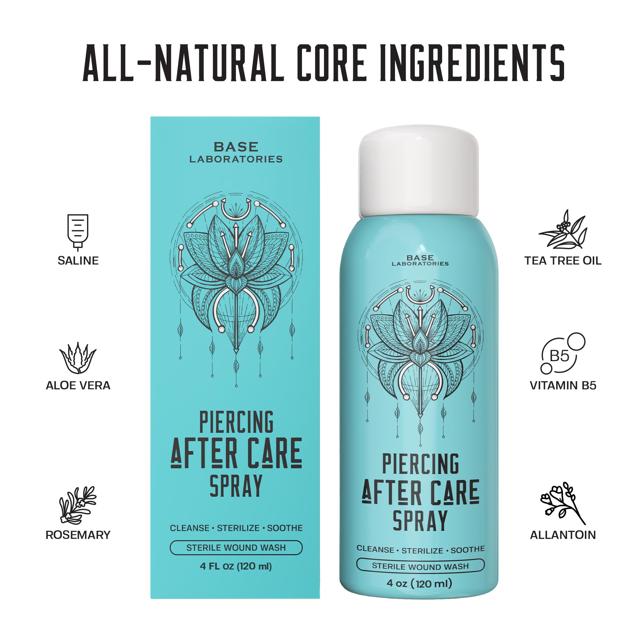 BASE LABORATORIES solution saline pour piercings – hygiène sûre autour du piercing.