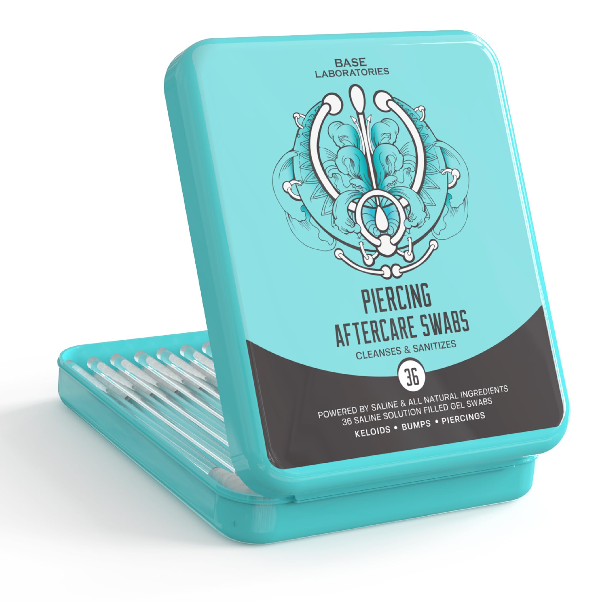 Base Labs tampons gel saline emballage pratique pour soins des piercings.