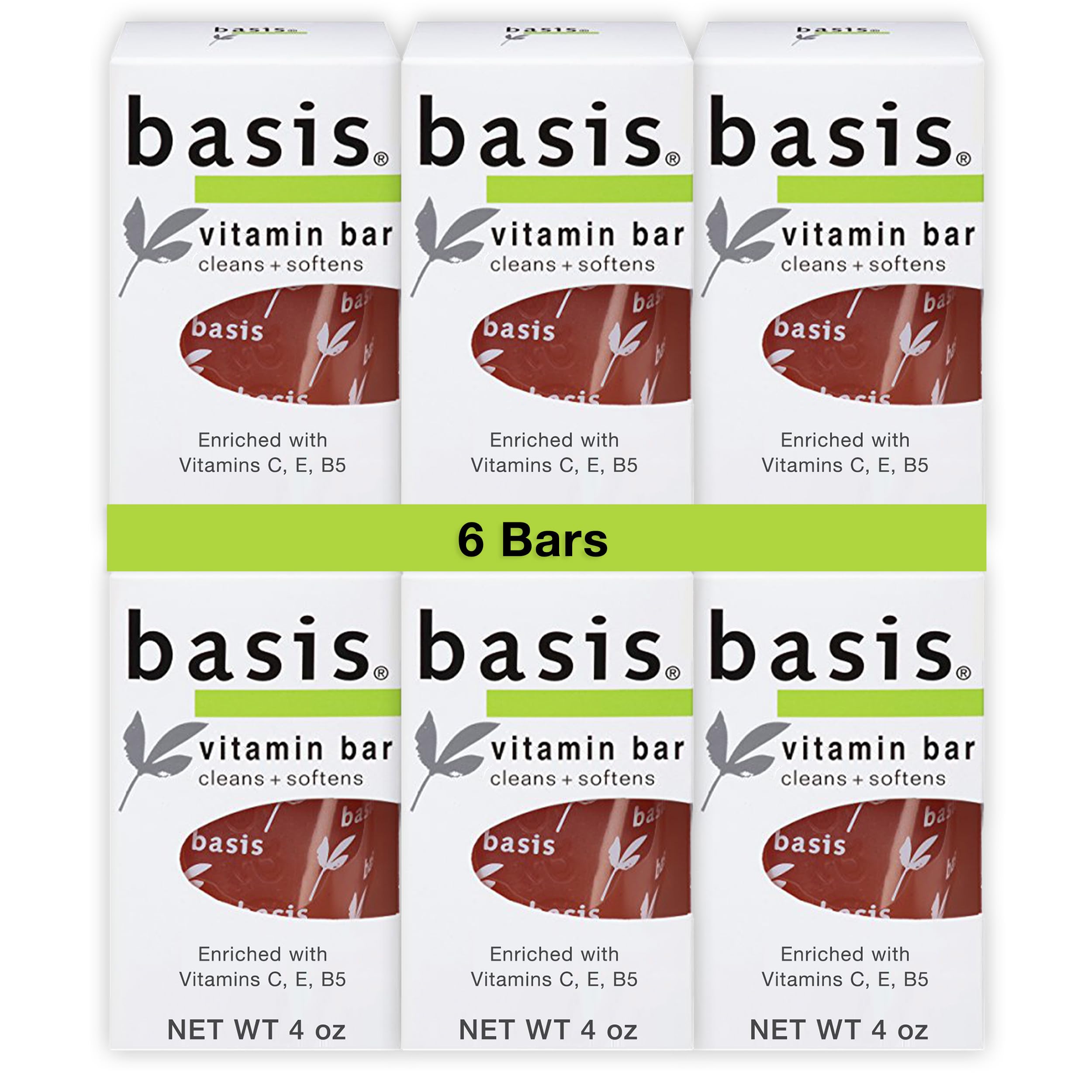 Basis Vitamin Bar Soap packaging showing a six-pack for everyday cleansing convenience.