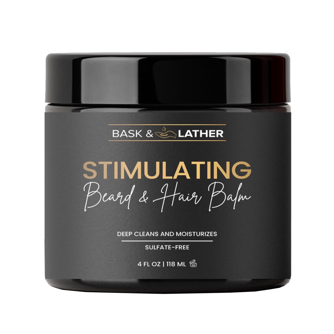 BASK & LATHER baume stimulant cheveux et barbe sur flacon, nourrissant et hydratant.