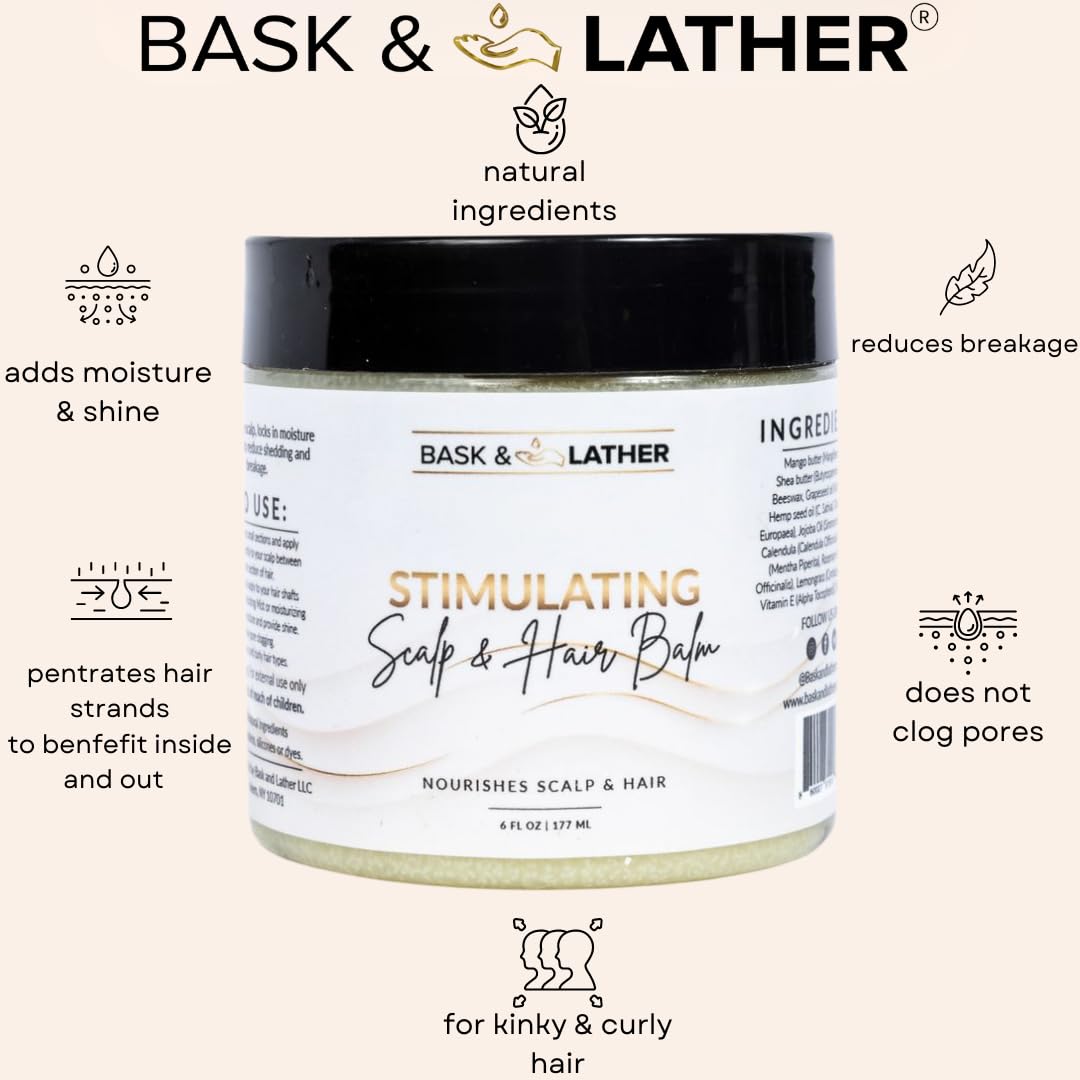Bask & Lather Stimulating Scalp Balm being applied to hair strands after Hydrating Mist for shine.