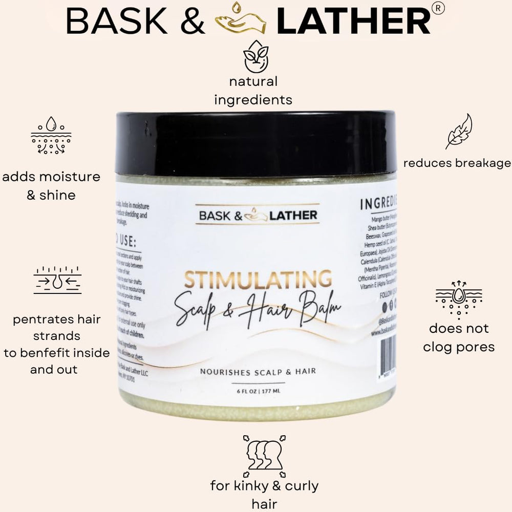 Bask & Lather Stimulating Scalp Balm being applied to hair strands after Hydrating Mist for shine.