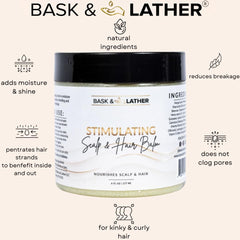 Bask & Lather Stimulating Scalp Balm being applied to hair strands after Hydrating Mist for shine.