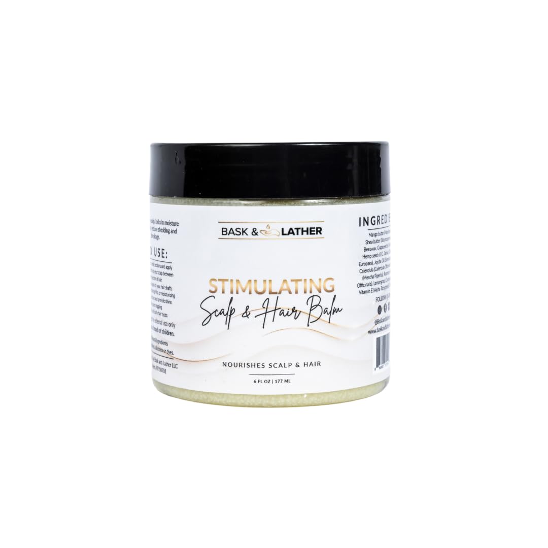 Bask & Lather Stimulating Scalp Balm bottle highlighting soothing hydration for a balanced scalp.