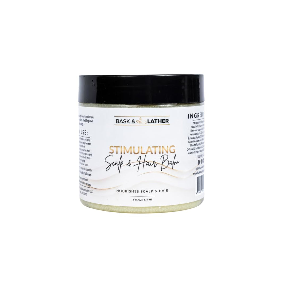 Bask & Lather Stimulating Scalp Balm bottle highlighting soothing hydration for a balanced scalp.
