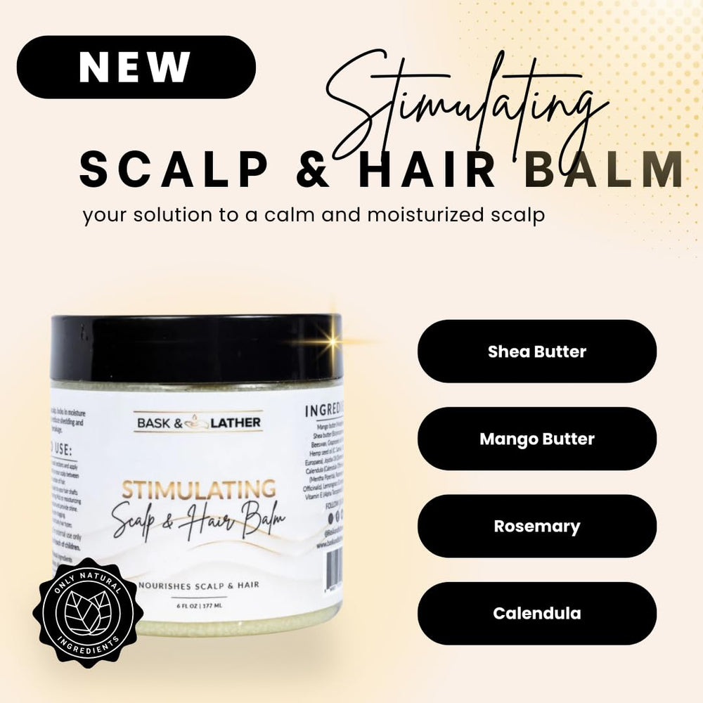 Bask & Lather Stimulating Scalp Balm ingredients such as peppermint for refreshing scalp care.