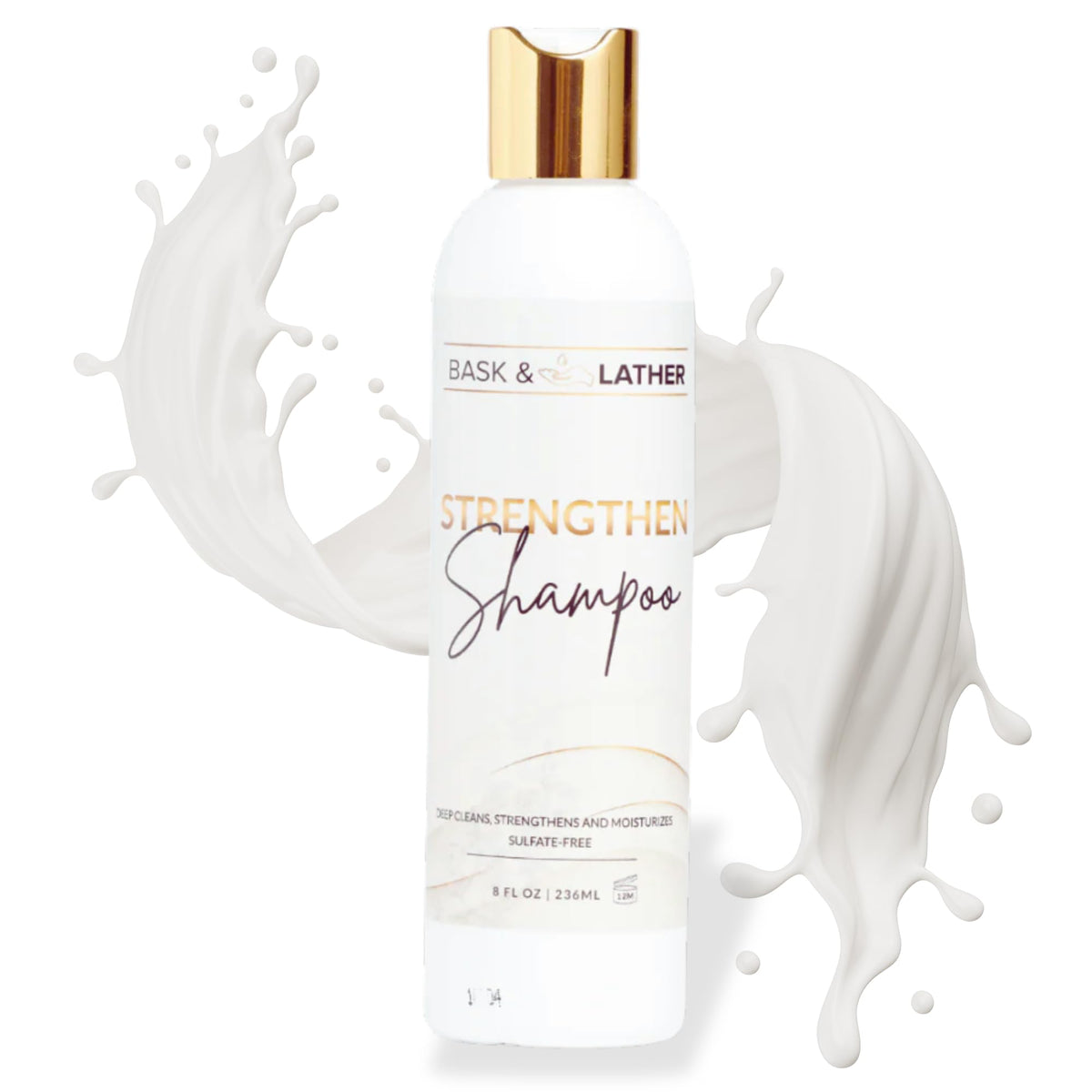 BASK & LATHER Strengthen Shampoo bottle front view, highlighting an all-natural formula.